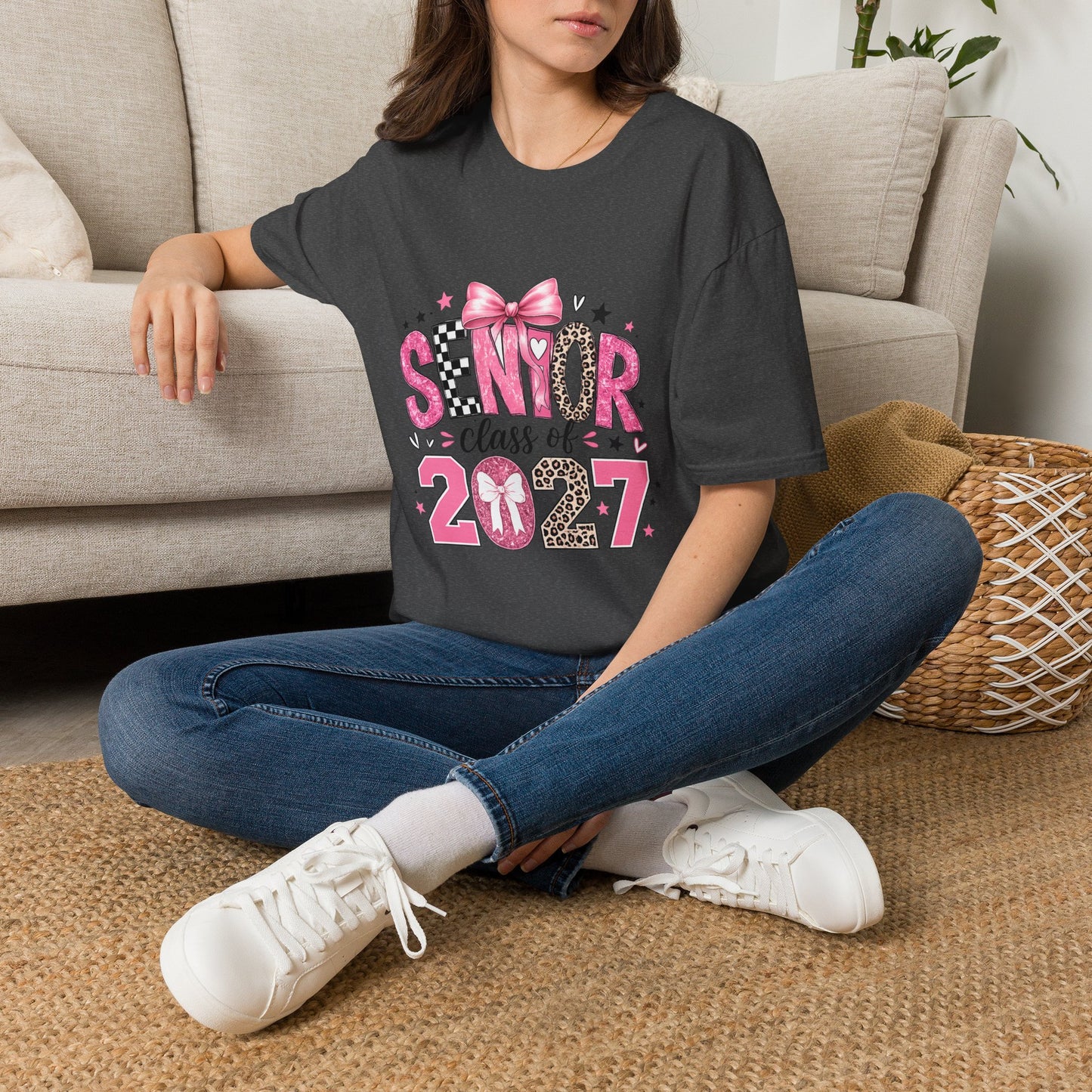 Senior Class of 2027 T-Shirt — Pink Bow & Leopard Graduation Tee