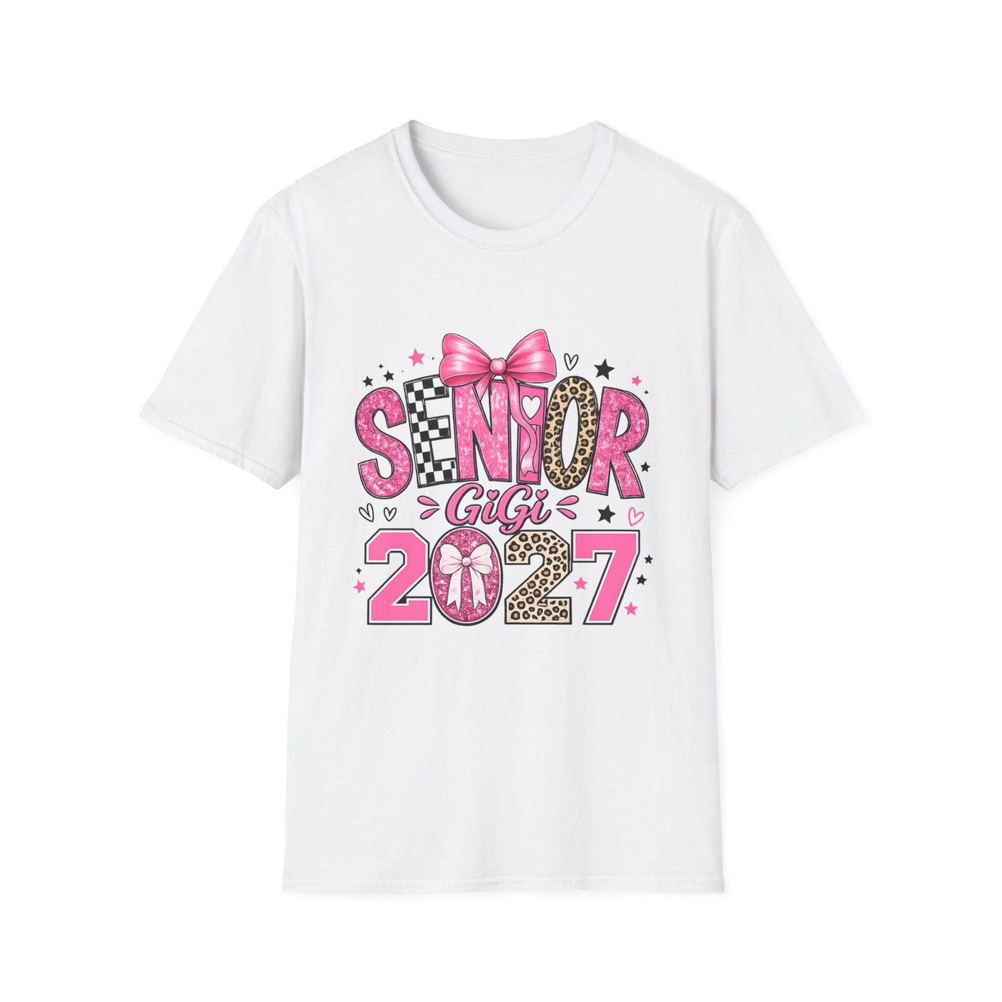 Senior GiGi 2027 T-Shirt — Pink Bow Leopard Graduation Tee