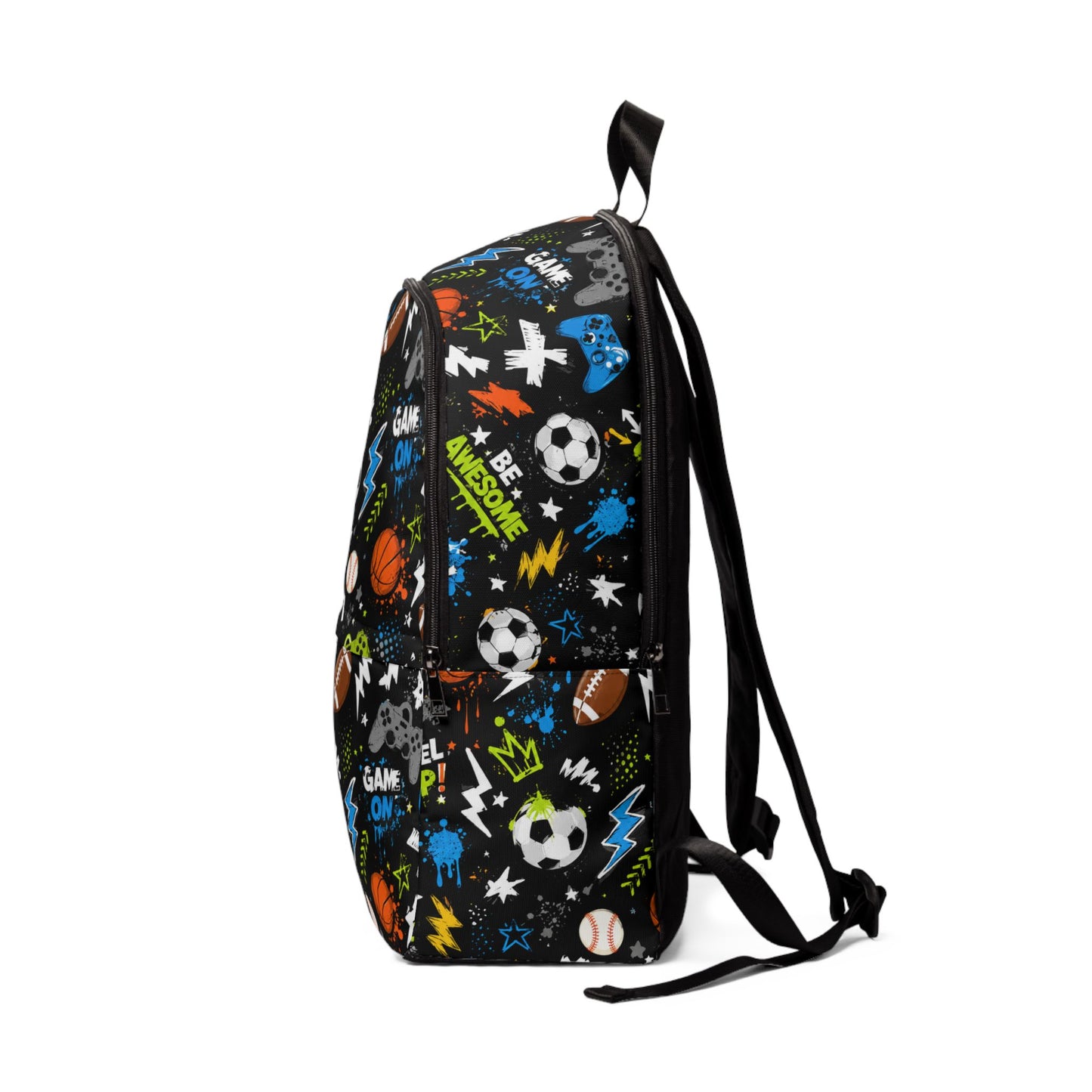 Kids Sports Pattern Backpack — "Game On" Soccer, Basketball & Baseball School Bag
