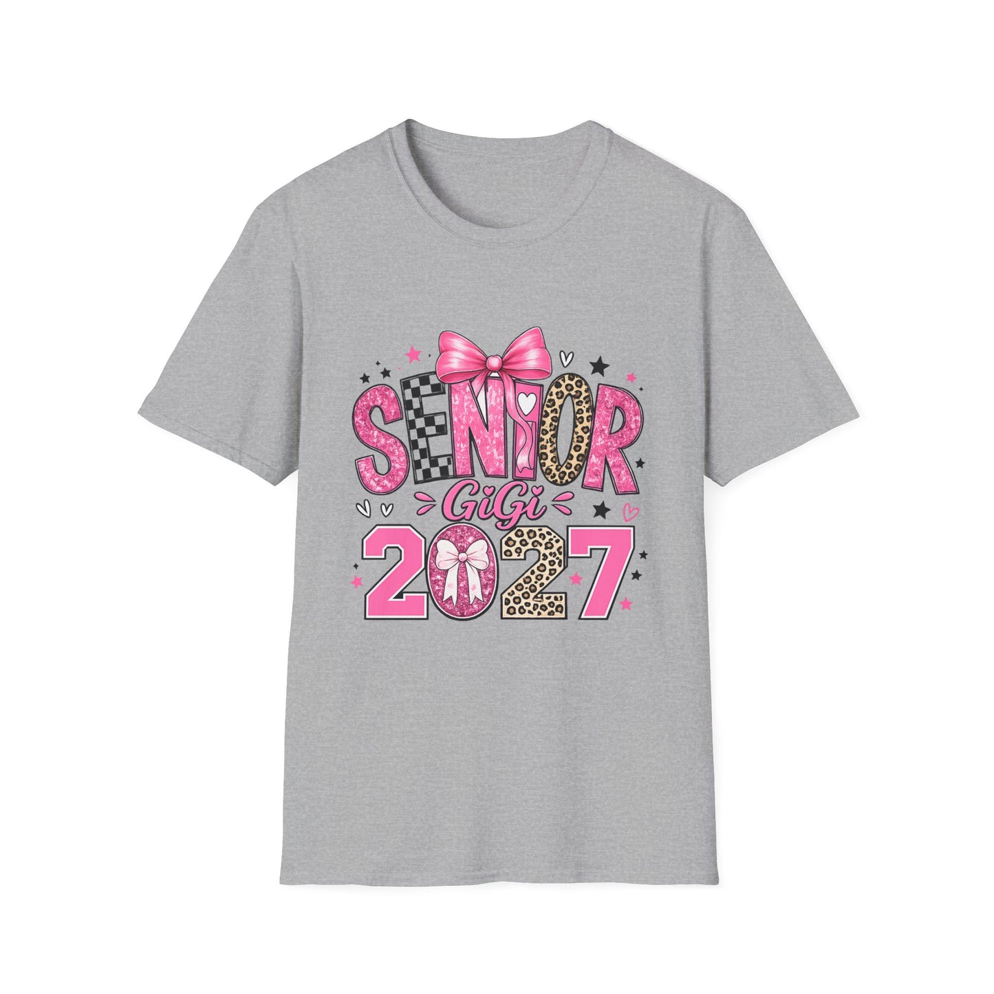 Senior GiGi 2027 T-Shirt — Pink Bow Leopard Graduation Tee