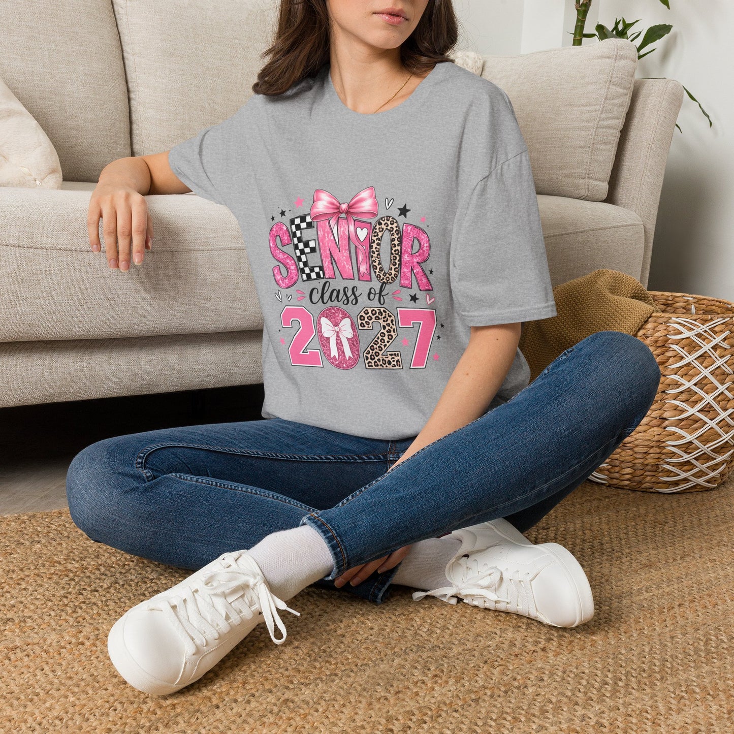 Senior Class of 2027 T-Shirt — Pink Bow & Leopard Graduation Tee