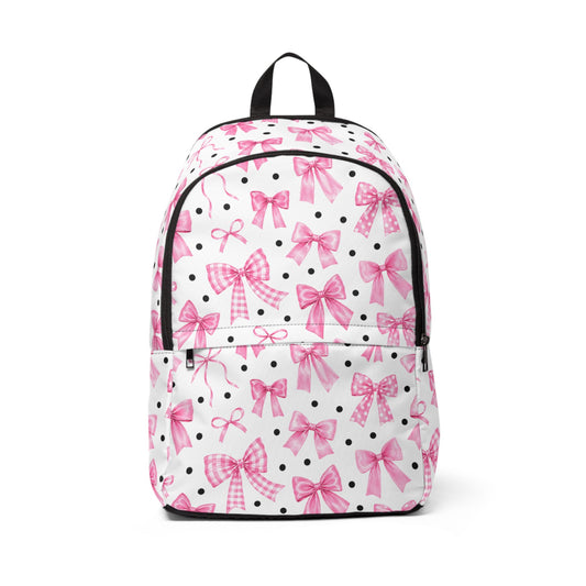Pink Bow Print Backpack — Cute Polka Dot School & Daypack