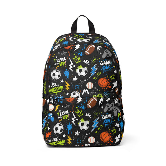 Kids Sports Pattern Backpack — "Game On" Soccer, Basketball & Baseball School Bag