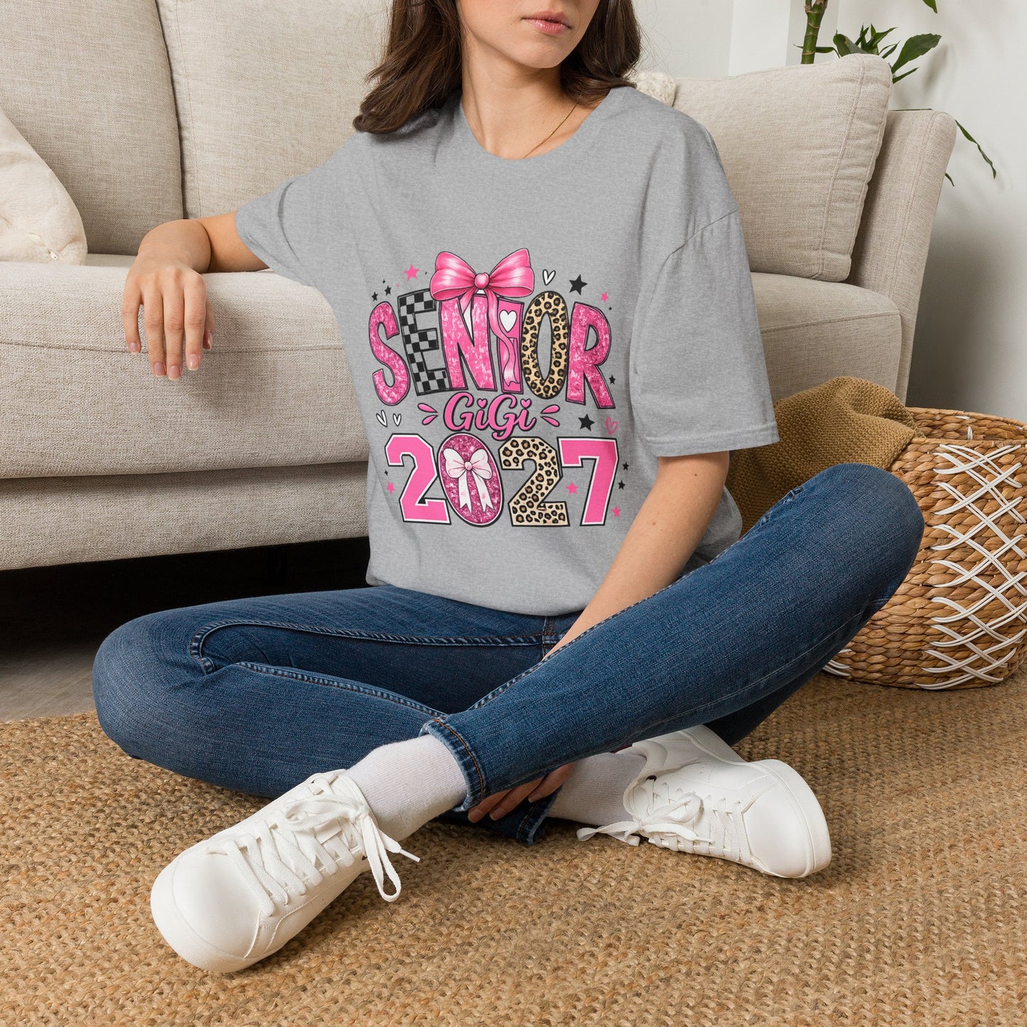 Senior GiGi 2027 T-Shirt — Pink Bow Leopard Graduation Tee