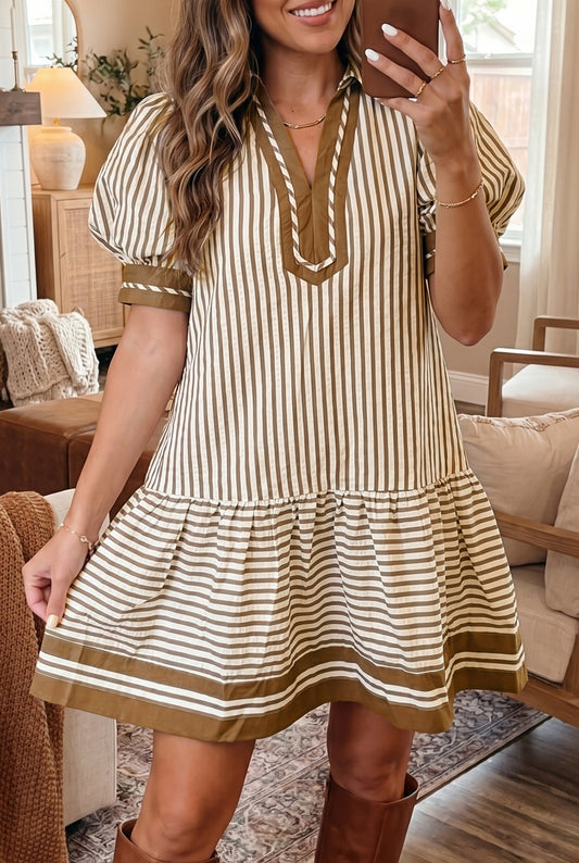 Brown Stripe Shirt Collar Color Block Patchwork Trim Ruffle Hem Short Dress