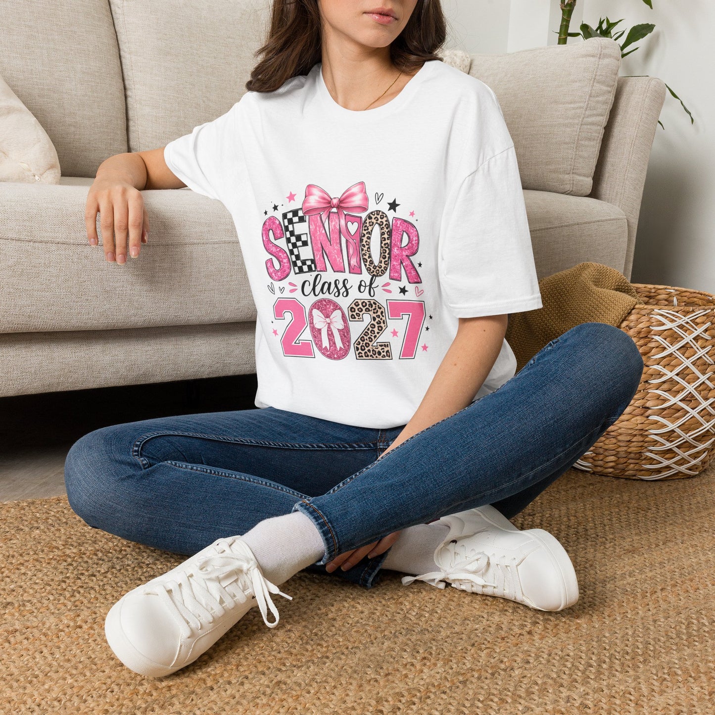 Senior Class of 2027 T-Shirt — Pink Bow & Leopard Graduation Tee