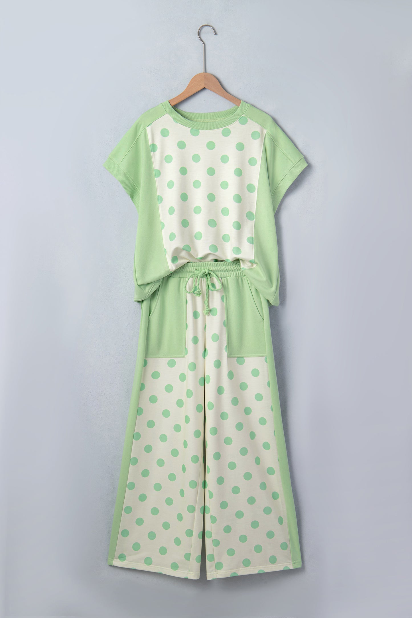 Green Color Block Patchwork Polka Dot Wide Leg Pant Set