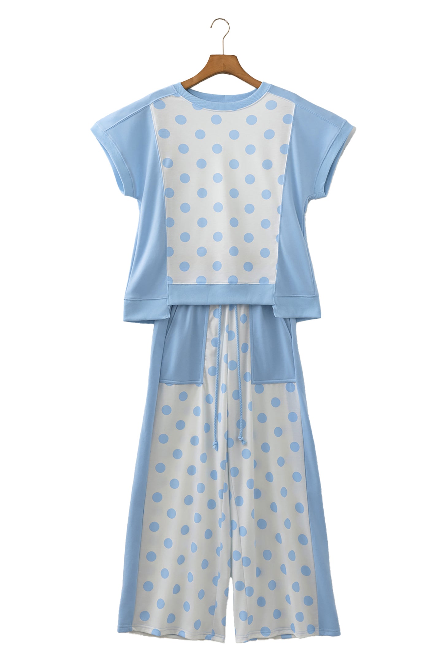 Green Color Block Patchwork Polka Dot Wide Leg Pant Set