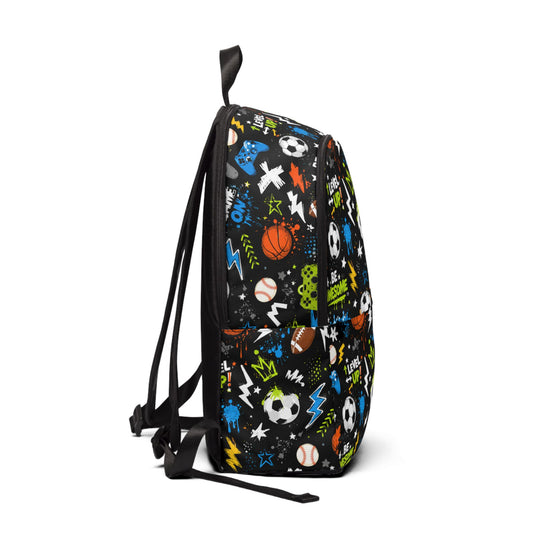 Kids Sports Pattern Backpack — "Game On" Soccer, Basketball & Baseball School Bag