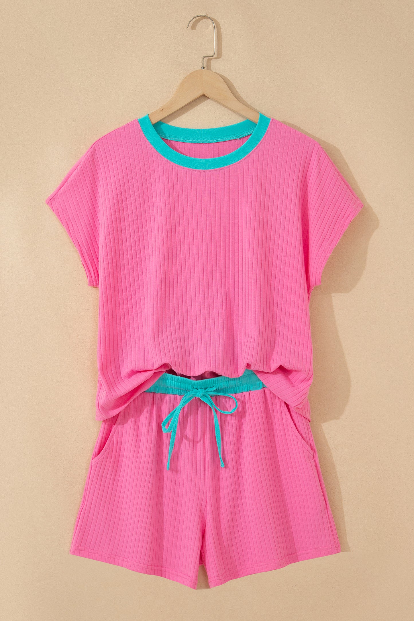 Yellow Cream Soft Ribbed Color Block Trim Casual Short Set