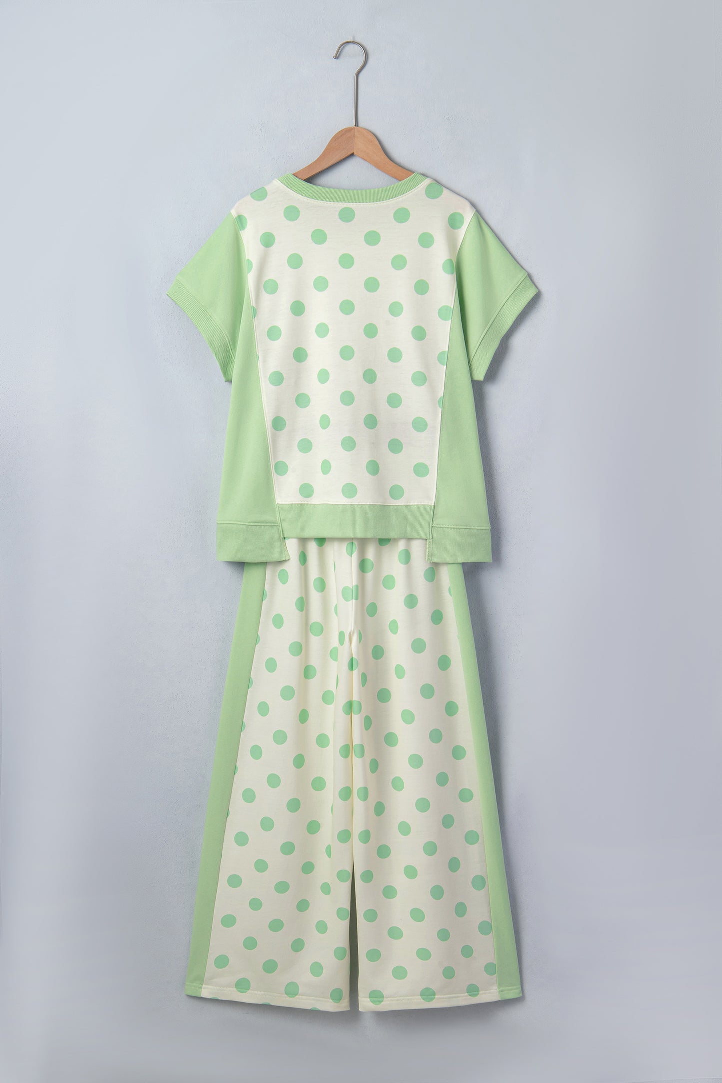 Green Color Block Patchwork Polka Dot Wide Leg Pant Set